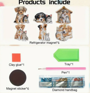 Preview: Diamond Paintig 6 Stück Kühlschrankmagnet - Hunde und Katzen
